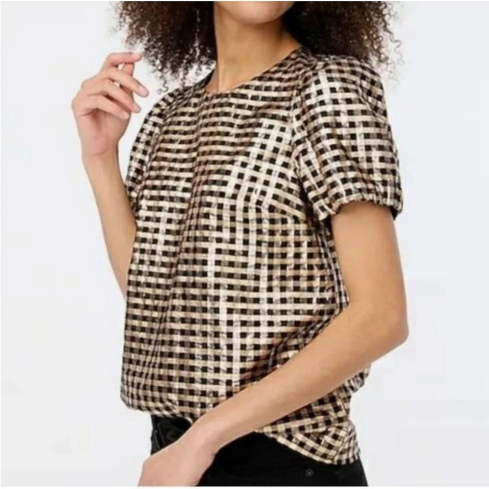 J. Crew Gold Lurex Metallic Threads Puff-Sleeve Top Size XL